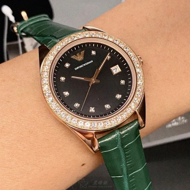 【EMPORIO ARMANI】ARMANI手錶型號AR00027(墨綠色錶面玫瑰金錶殼綠色真皮皮革錶帶款)
