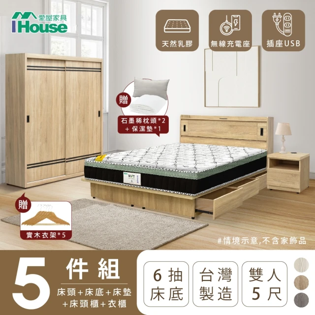 IHouse 品田 房間5件組 雙人5尺(床頭箱+收納抽屜底+床墊+床頭櫃+衣櫃)