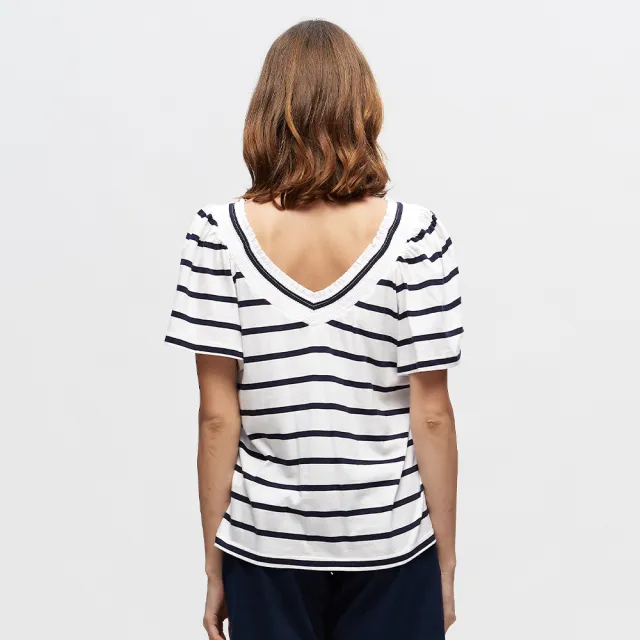 【NAUTICA】女裝 V領撞色條紋荷葉袖短袖T恤(白)