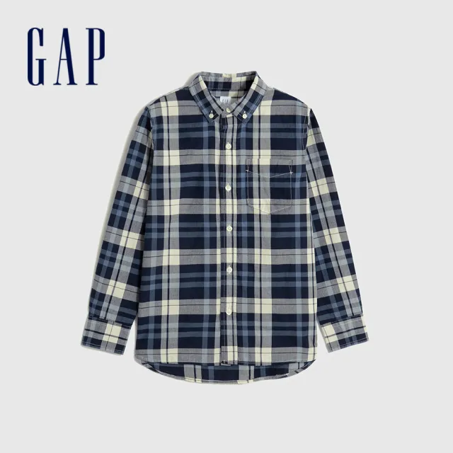 【GAP】男童裝 純棉撞色格紋翻領長袖襯衫-藍白拼接(780257)
