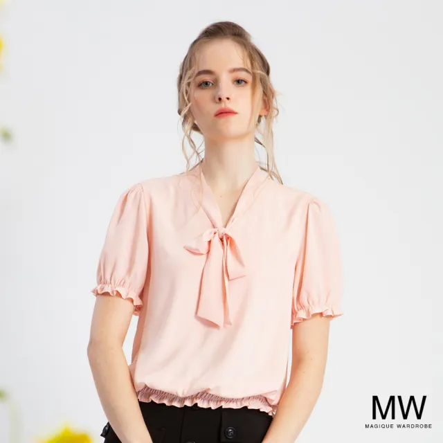 【MAGIQUE WARDROBE】雪紡綁帶鬆緊花苞袖上衣(2色)