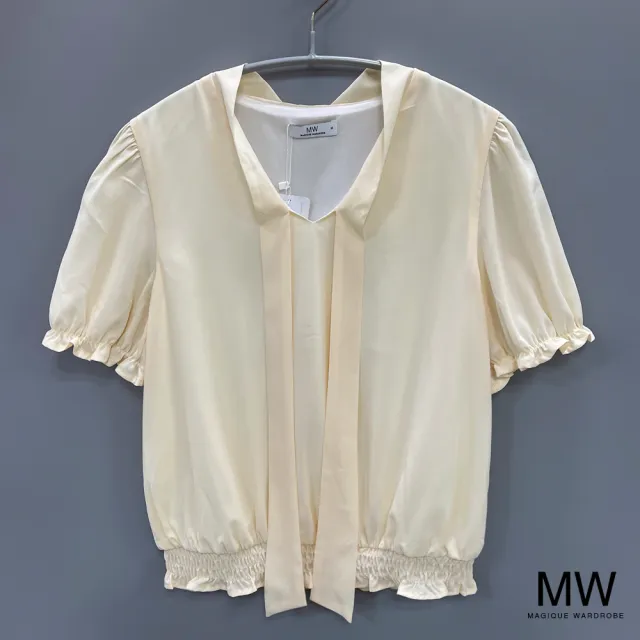 【MAGIQUE WARDROBE】雪紡綁帶鬆緊花苞袖上衣(2色)