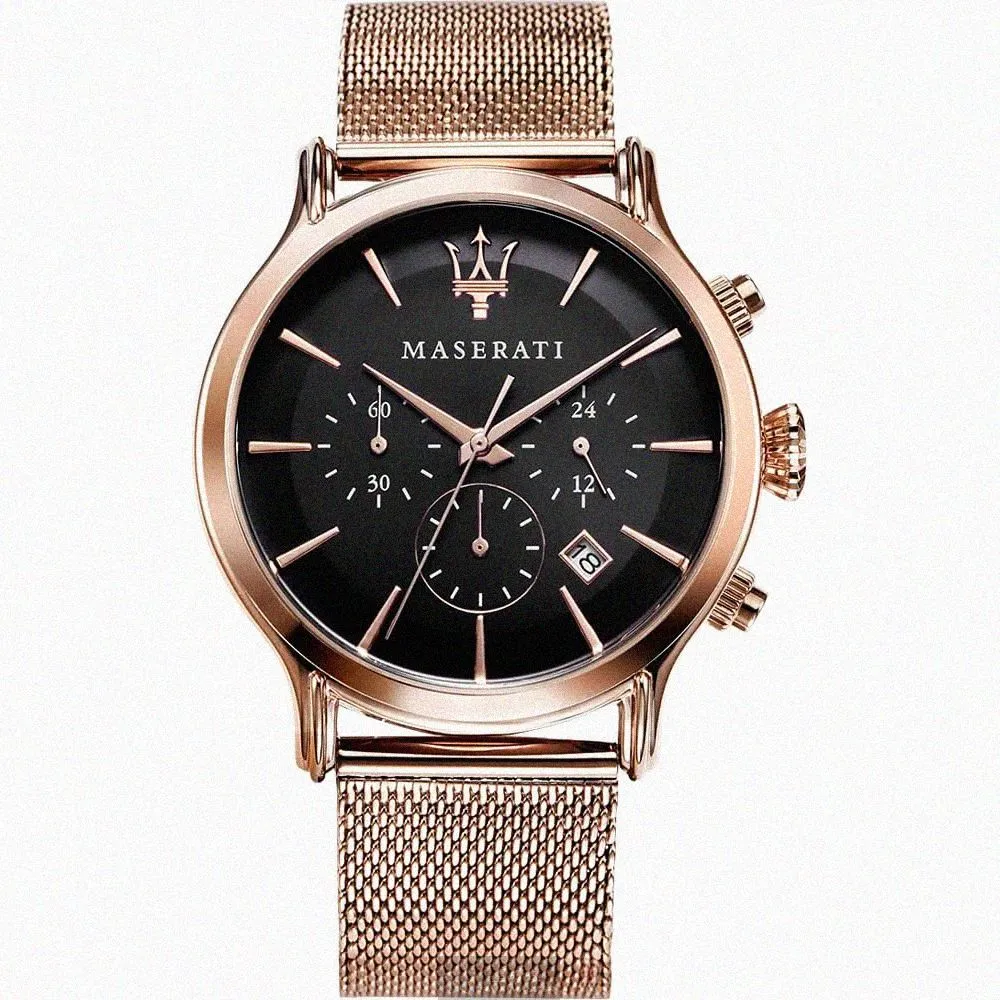 【MASERATI 瑪莎拉蒂】MASERATI手錶型號R8873618005(黑色錶面玫瑰金錶殼玫瑰金色米蘭錶帶款)