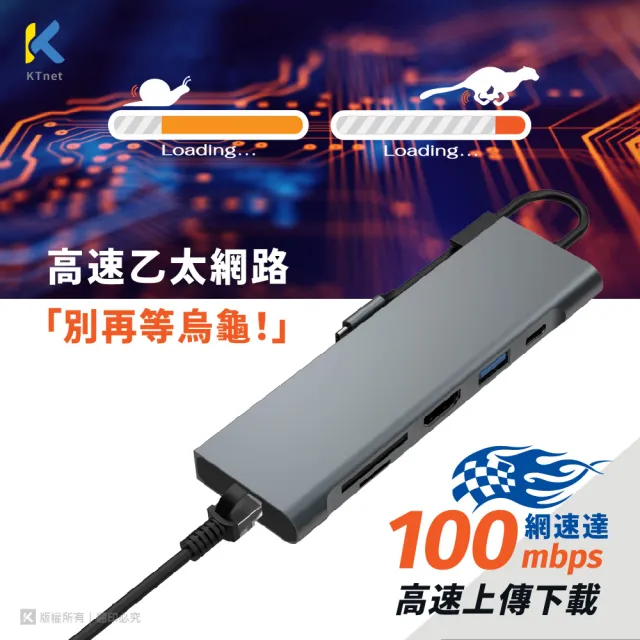【KTNET】T701 TypeC 7合1多功擴充集線器(網口/HDMI/SD/USB3.0/PD 100W)