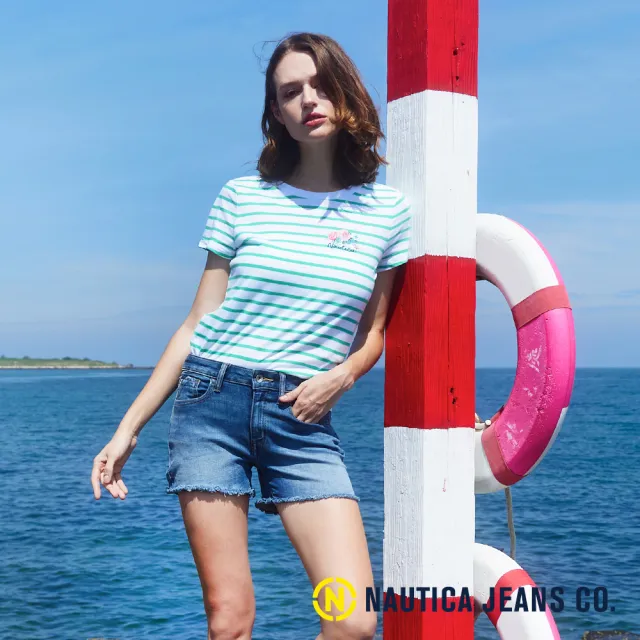 【NAUTICA】女裝 簡約刷破中腰牛仔短褲(藍)