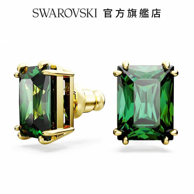 【SWAROVSKI 官方直營】Matrix 耳釘 長方形切割水晶 綠色 鍍金色色調 交換禮物