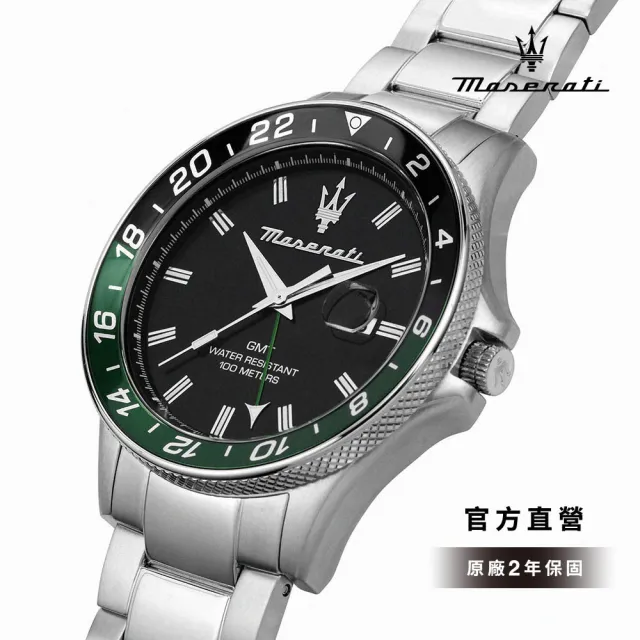 【MASERATI 瑪莎拉蒂】Sfida 無畏迎戰系列GMT手錶 尊爵黑 銀色不鏽鋼鍊帶 44MM R8853140005