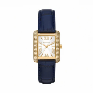 【Michael Kors 官方直營】Emery 奢華排鑽羅馬數字方形女錶 藍色真皮錶帶 手錶 33MM MK2982