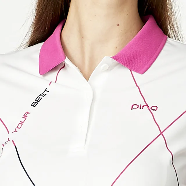 【PING】女款大菱格休閒短袖POLO衫-白(吸濕排汗/抗UV/涼感/GOLF/高爾夫球衫/RA23102-87)