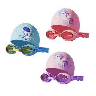 【SUNORO】兒童防水防霧高清泳鏡+矽膠泳帽套組