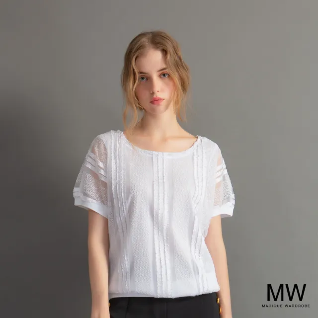 【MAGIQUE WARDROBE】蕾絲透膚網紗短袖上衣(白色)