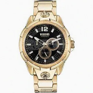 【VERSUS】VERSUS VERSACE手錶型號VV00037(黑色錶面金色錶殼金色精鋼錶帶款)