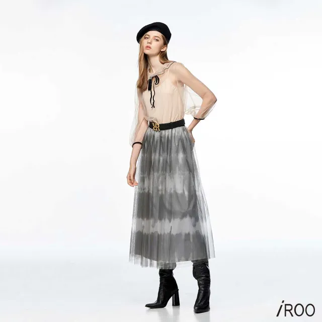 【iROO】黑白民俗風暈染網紗裙