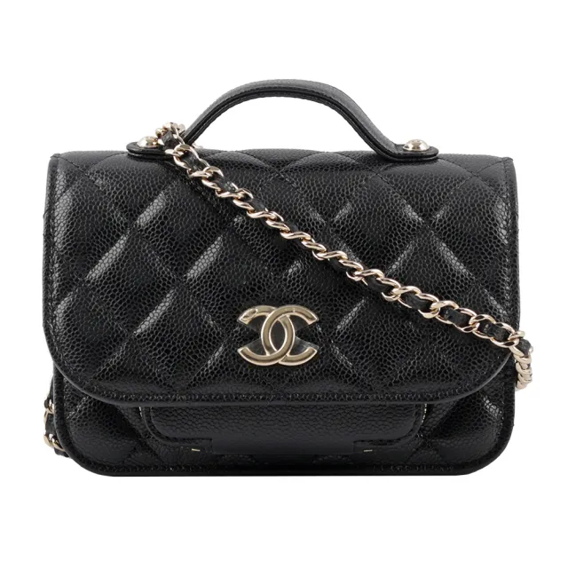 CHANEL 香奈兒】金色CC Logo 粒紋牛皮迷你二用郵差包(黑色) - momo購物