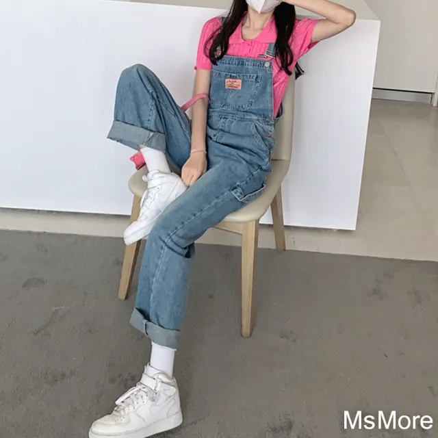 【MsMore】大碼時髦設計感工裝連身牛仔長褲高腰寬鬆百搭連身褲#118495(藍)