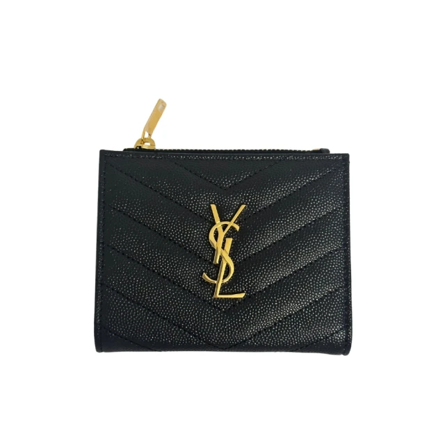 Saint Laurent Paris 金扣logo魚子醬對折短夾(黑色短夾)