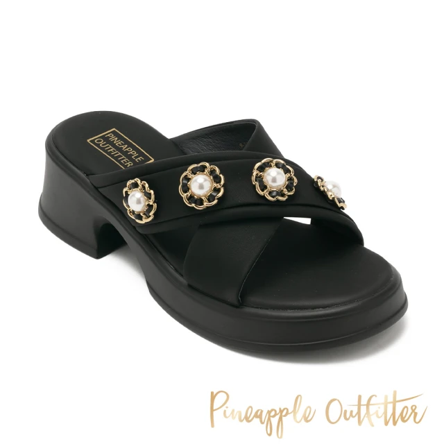 【Pineapple Outfitter】REID 牛皮珍珠交叉帶低跟拖鞋(黑色)