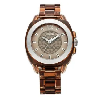 【COACH】官方授權C2 Boyfriend大錶面瑰麗女腕錶-塑膠錶帶咖啡金 錶徑38mm-贈高級9入首飾盒(CO14501390)