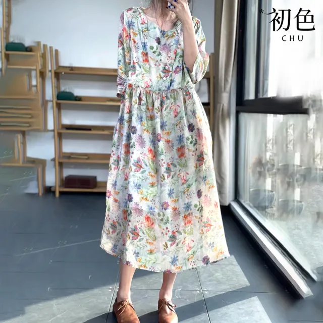 【初色】清涼透氣圓領大碼森林系碎花連身五分袖中長裙洋裝-花色-69775(M-2XL可選)