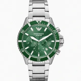 【EMPORIO ARMANI】ARMANI手錶型號AR00021(墨綠色錶面銀錶殼銀色精鋼錶帶款)