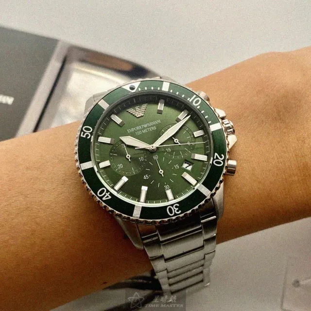 【EMPORIO ARMANI】雙11ARMANI手錶型號AR00021(墨綠色錶面銀錶殼銀色精鋼錶帶款)