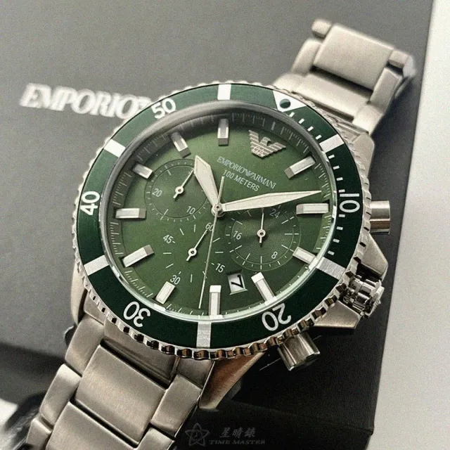 【EMPORIO ARMANI】雙11ARMANI手錶型號AR00021(墨綠色錶面銀錶殼銀色精鋼錶帶款)
