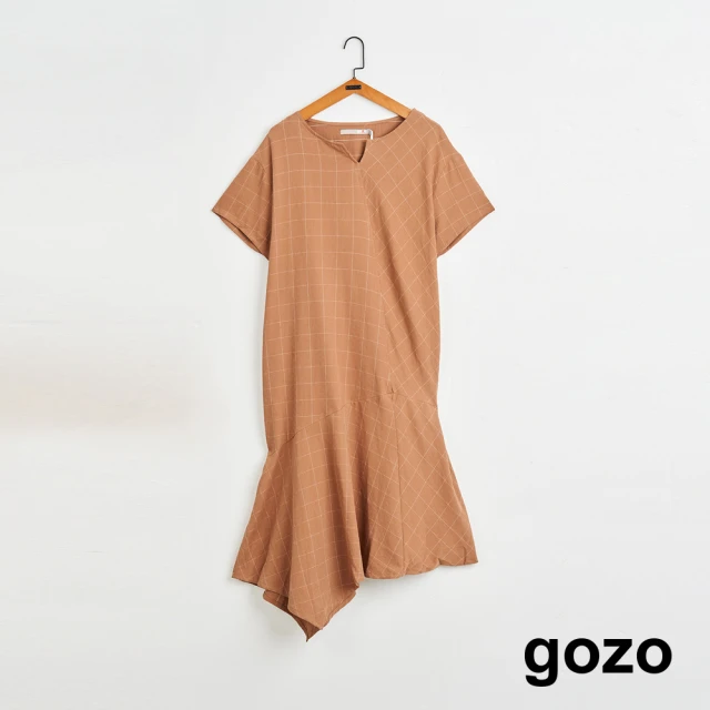 【gozo】MOMO獨家款★限量開賣 格紋拼接不規則裙擺洋裝(兩色)