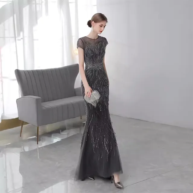 【女神婚紗禮服】高端包肩魚尾宴會晚禮服 1737礦灰 1737礦灰色(新娘服 敬酒服)