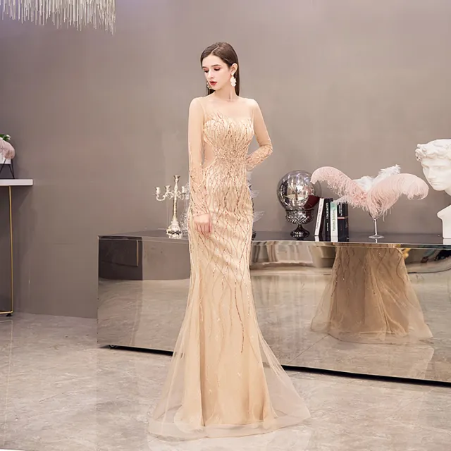 【女神婚紗禮服】高端時尚U領露腰墜地宴會晚禮服 PLGZ-100 露腰金色(主持人 表演禮服)