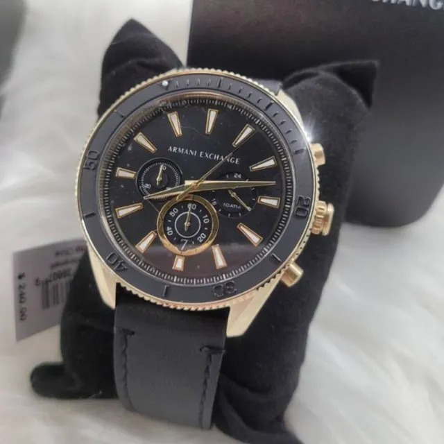【A|X Armani Exchange】AX Armani Exchange AX 金框 三眼 黑色皮革錶帶 智能計時 AX1818 男錶