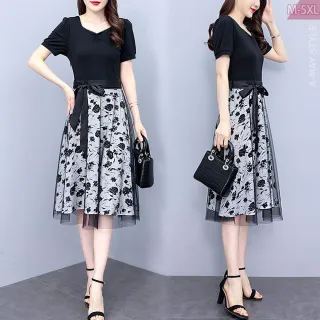 【艾美時尚】中大尺碼女裝 連身裙 假兩件式花卉感顯瘦洋裝。M-5XL(黑.現貨+預購)