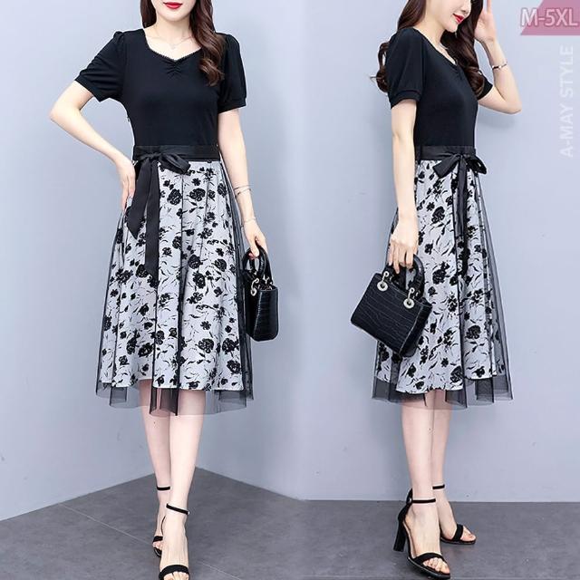 【Amay Style 艾美時尚】中大尺碼女裝 連身裙 假兩件式花卉感顯瘦洋裝。M-5XL(黑.現貨+預購)