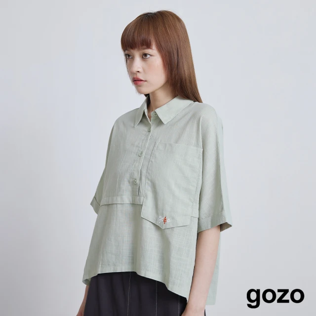 【gozo】大口袋gozo繡花半開襟短袖襯衫(兩色)