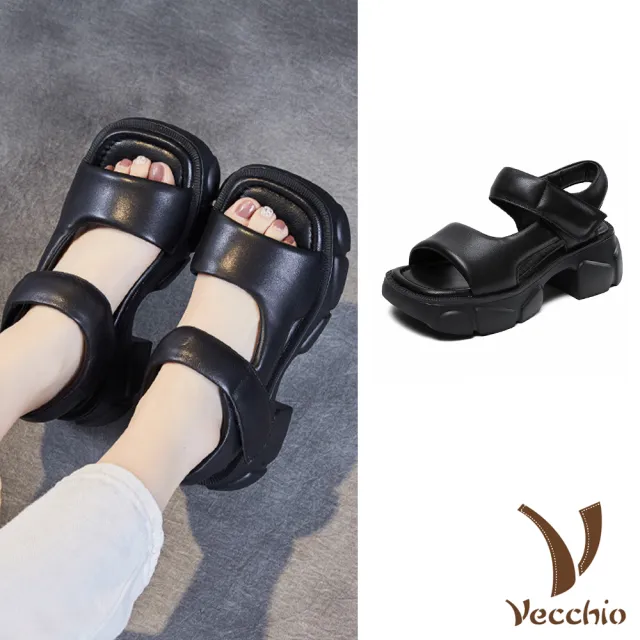 【Vecchio】真皮涼鞋 厚底涼鞋/全真皮頭層牛皮方頭復古鬆糕厚底涼鞋(黑)