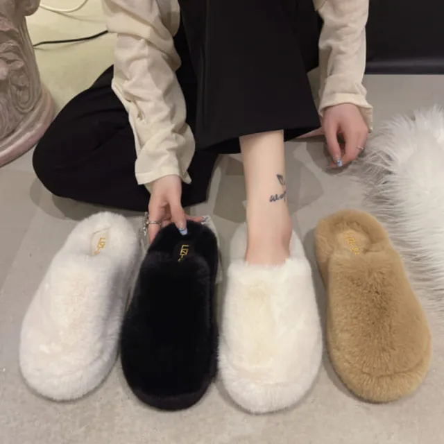 【baibeauty 白鳥麗子】舒適素面毛毛厚底穆勒拖鞋(居家外出兩穿)