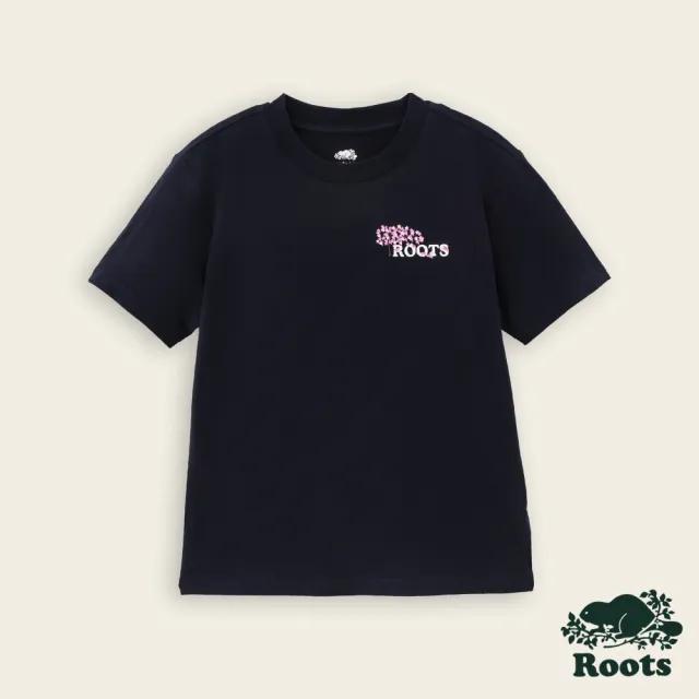 【Roots】Roots大童-繽紛花卉系列 刺繡花草寬版短袖T恤(軍藍色)