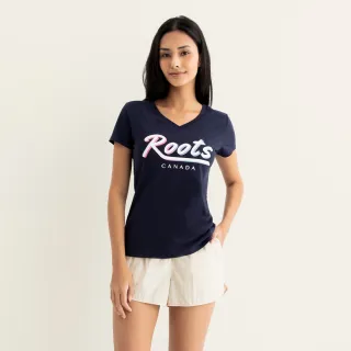 【Roots】Roots女裝-繽紛花卉系列 漸層文字V領修身短袖T恤(軍藍色)
