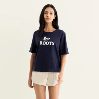 【Roots】Roots女裝-繽紛花卉系列 刺繡花卉寬版短袖T恤(軍藍色)