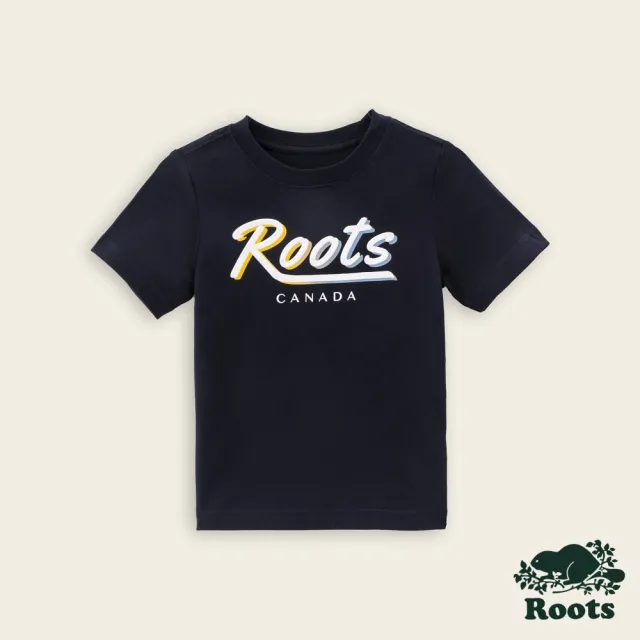 【Roots】Roots小童-繽紛花卉系列 漸層文字短袖T恤(軍藍色)