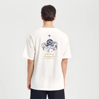 【JOHN HENRY】海底章魚背後印花水洗T恤-白色