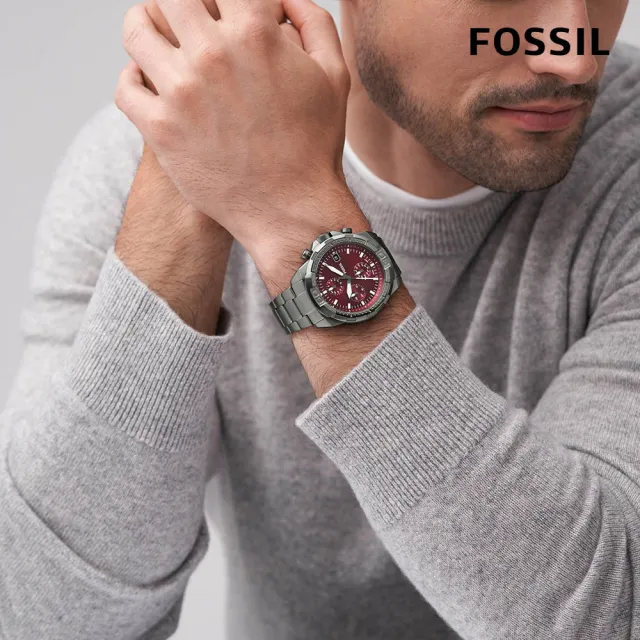 【FOSSIL 官方旗艦館】Bronson 英氣紳士三眼指針手錶 菸灰色不鏽鋼錶帶 44 MM FS6017