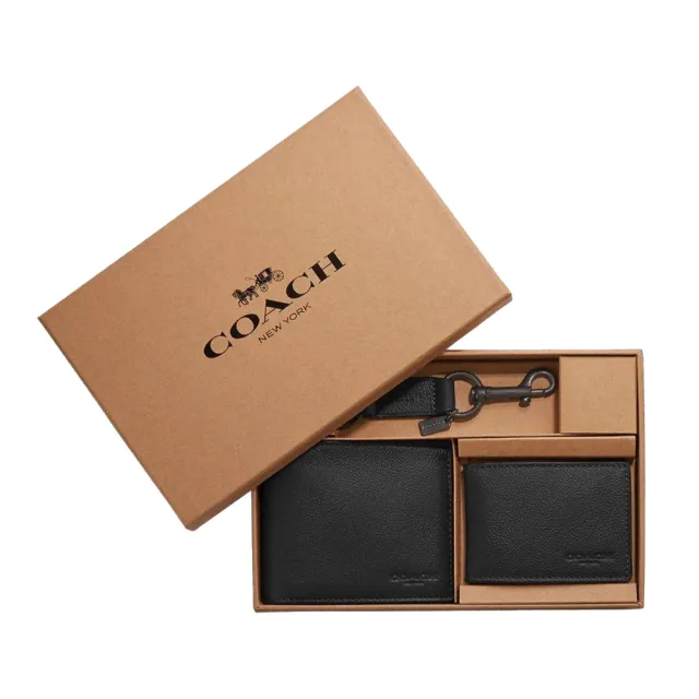 【COACH】COACH 男款8卡短夾附鑰匙圈活動證件夾提袋禮盒組 C LOGO-黑褐款.全黑款 送原廠紙袋