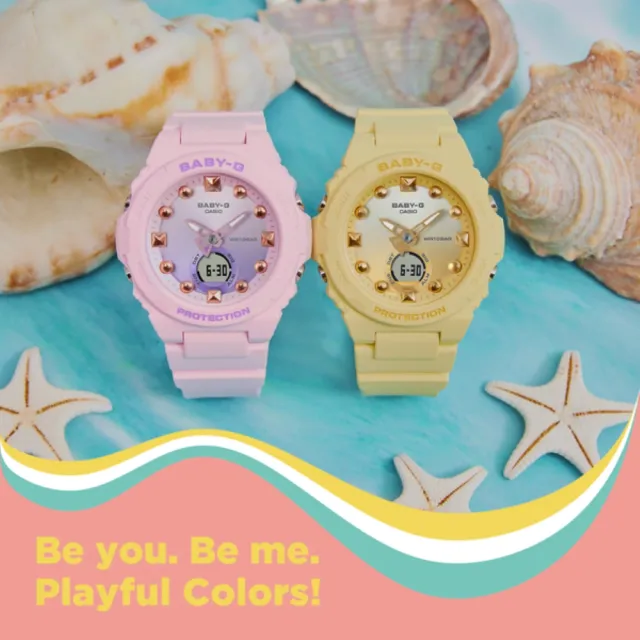 【CASIO 卡西歐】BABY-G 夏季海灘 漸層錶盤 美人魚尾指針 粉紫色 42.4mm(BGA-320-4A)