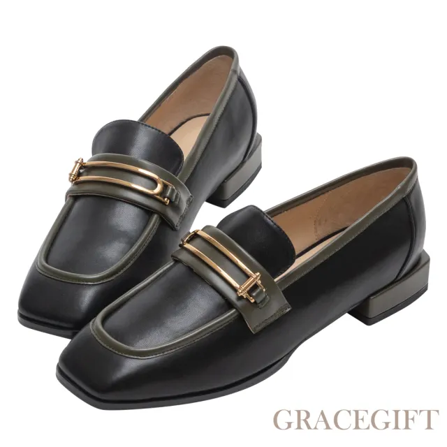 【Grace Gift】逸歡聯名-英倫金屬方頭低跟樂福鞋