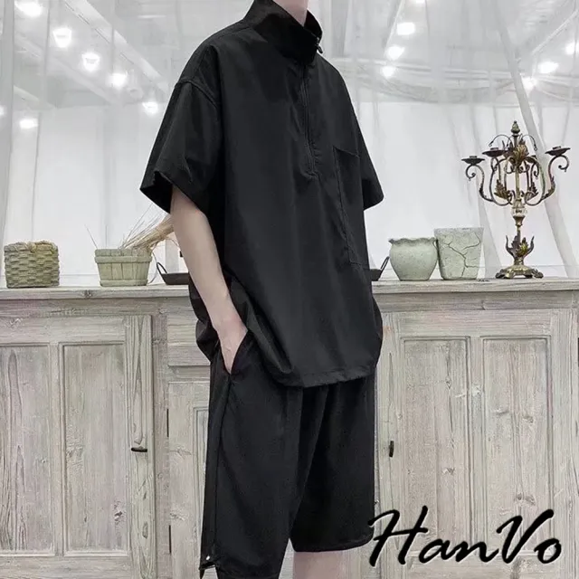 【HanVo】現貨 男款簡約冰絲寬鬆垂感套裝(舒適親膚透氣質感套裝 日常百搭韓系男裝 男生套裝 B06-6008)
