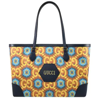 【GUCCI 古馳】Ophidia Tote 限款版經典雙G印花拼接肩背包托特包(深藍邊)