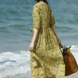 【ACheter】原創優雅黃色小碎花寬鬆苧麻感V領連身裙短袖長版洋裝#118802(黃)