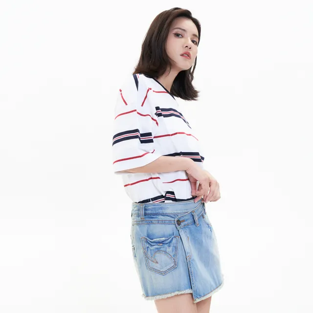 【5th STREET】雙11 女裝 短袖 短t 上衣 t恤 TEE 撞色 條紋 白(570936)