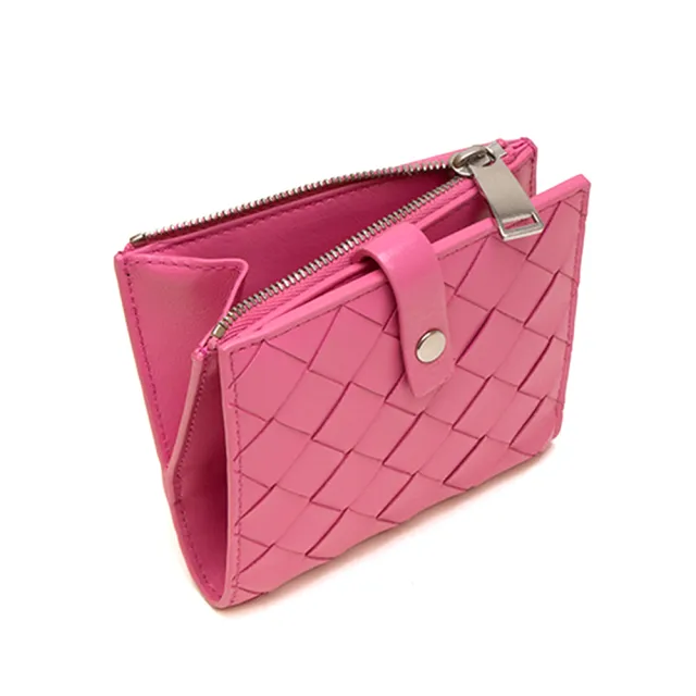 【BOTTEGA VENETA 寶緹嘉】600270 經典編織扣式拉鍊零錢中短夾(粉色)