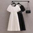 【KVOLL】玩美衣櫃短袖洋裝珍珠緹花氣質連身裙M-4XL(共二色)